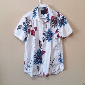 John Lennon Floral White Shirt Sleeve Button Down Shirt